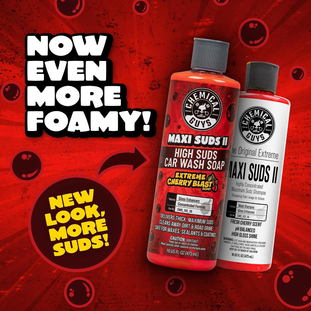 Chemical Guys CWS_101 Maxi-Suds II Foaming Car Wash Soap (Works with Foam Cannons/Guns or Bucket Washes) Safe for Cars, Trucks, Motorcycles, RVs & More, 128 fl oz (1 Gallon), Cherry Scent