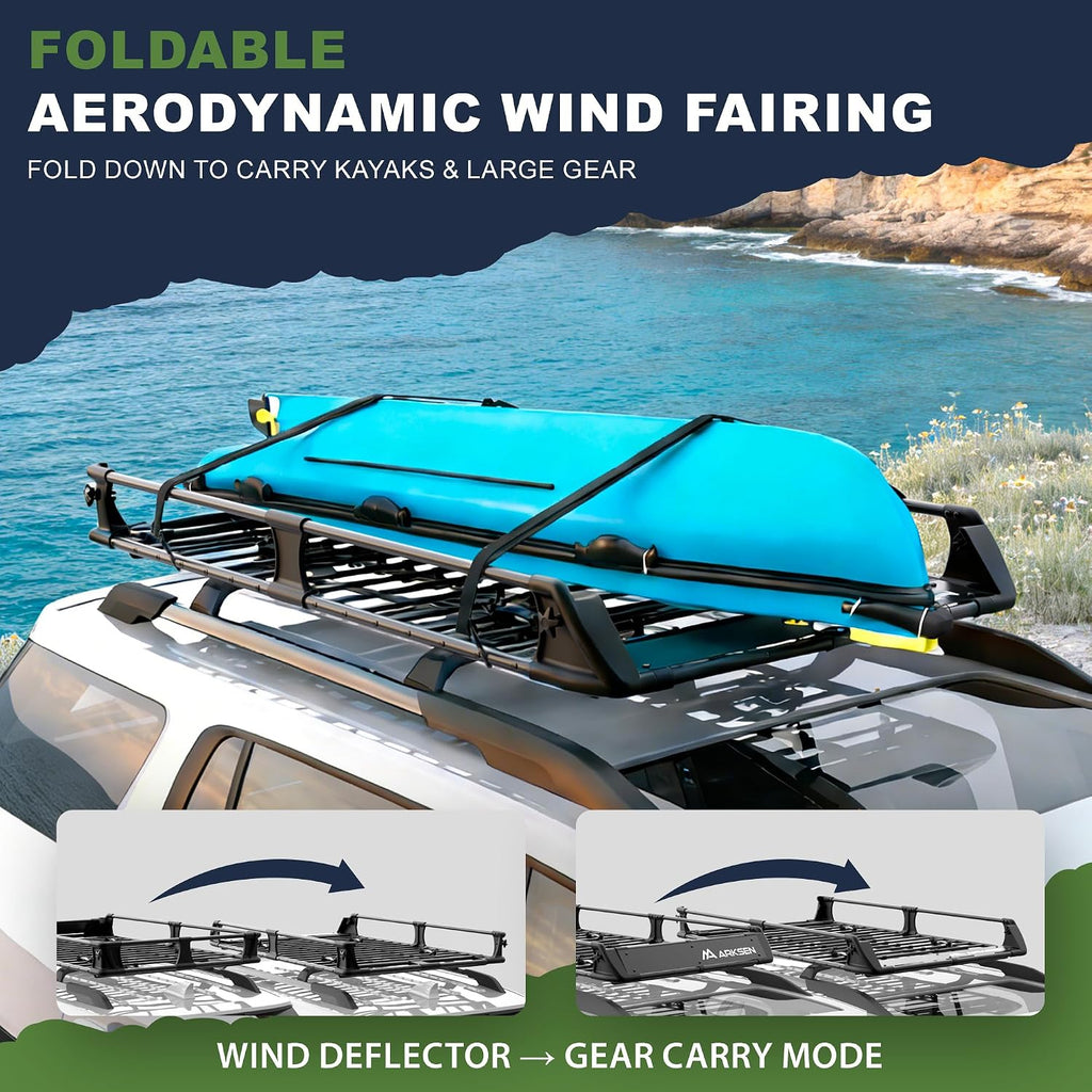 ARKSEN 2-in-1 Foldable Fairing Roof Rack Cargo Basket (Deflector & Flat Mode), 64" x 39" Heavy Duty Steel Rooftop Carrier, 250 lbs Max Load, Fits SUV Truck Pickup for Kayaks, Canoes & Luggage