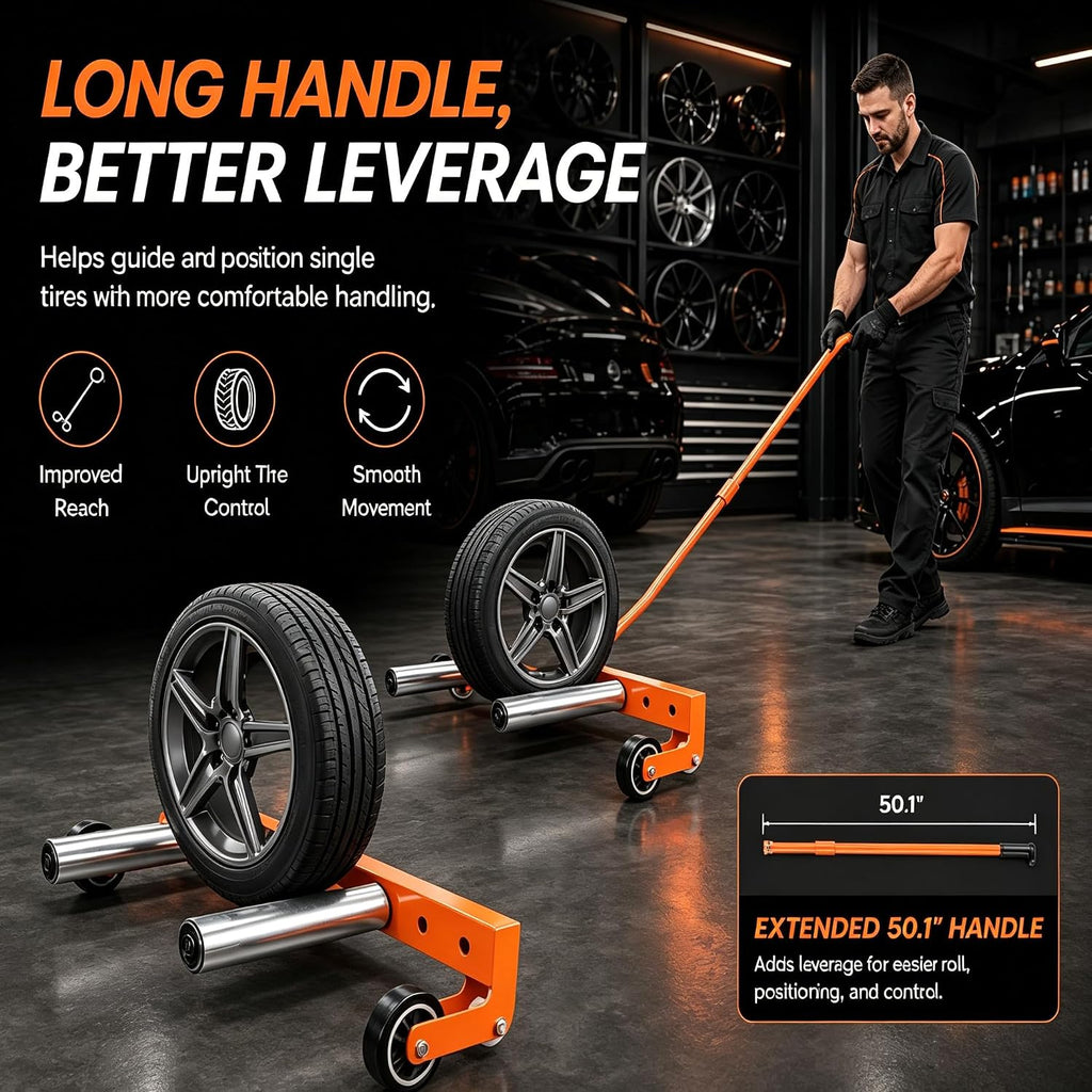 Heavy Duty Adjustable Tire Wheel Dolly, 330LBS Capacity, 12"-24" Adjustable Width, 360° Rotatable Rollers for One-Handed Stud Alignment, Tire Dolly for Changing and Moving Semi Truck SUV ATV RV Tires