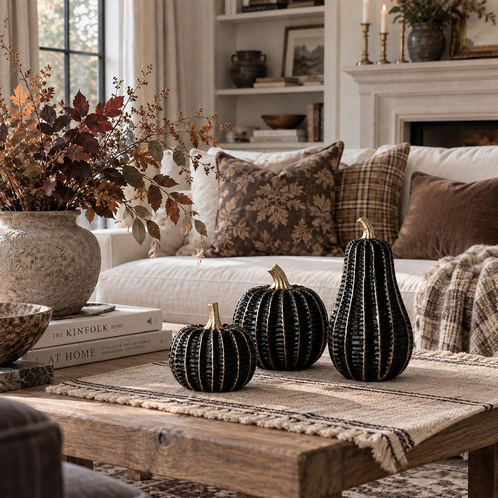 Parsin 3 Pcs Black & Gold Resin Pumpkin Decorations for Fall and Halloween