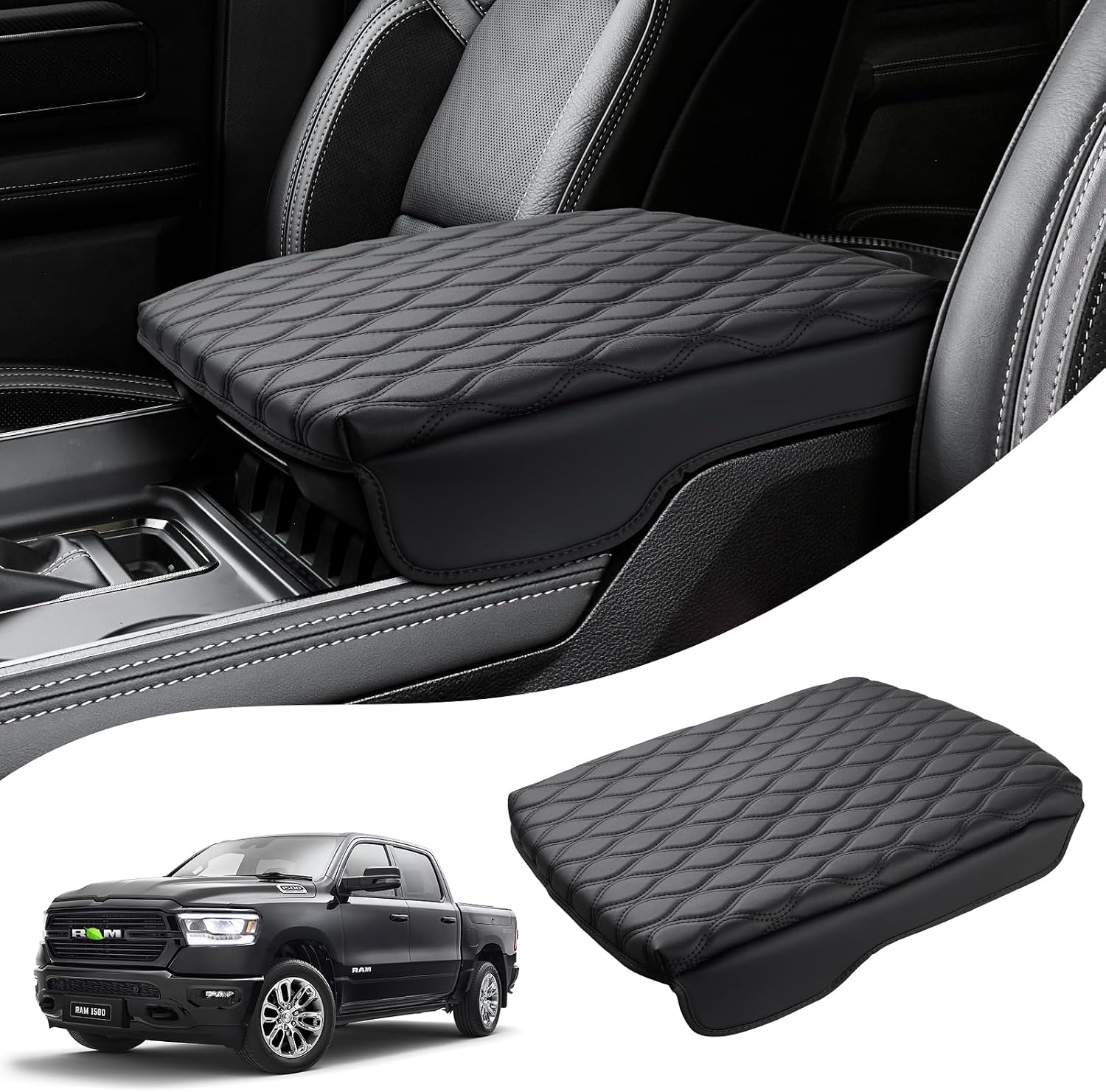 Autorder Center Console Cover for 2019-2025 2026 Dodge Ram 1500/2500/3500 Accessories Armrest Cushion Cover Nappa Leather Middle Console Covers Console Cushion Pad Anti-Scratch(Bucket Seat Only)