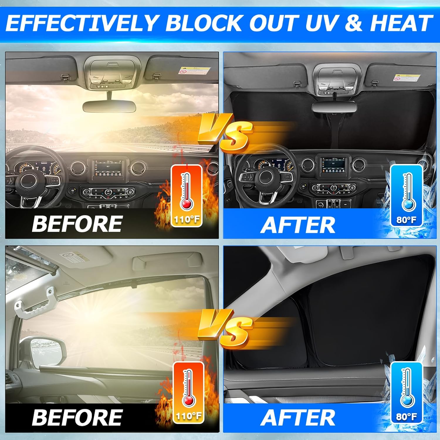 Karltys 3PCS Windshield Sun Shade for 2022-2025 Rivian R1T, Thickened Reflective Front and Side Window Sunshade Custom Fit Rivian R1T, Foldable Sun Visor UV Blocker Keeps Your Car Cool