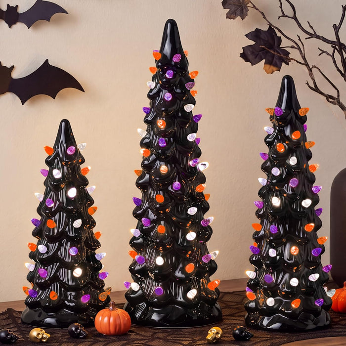 Best Choice Products 3Pc Ceramic Halloween Trees, Pre-Lit Hand Painted Pencil Holiday Tabletop Trees w/Orange Purple & White LED Lights