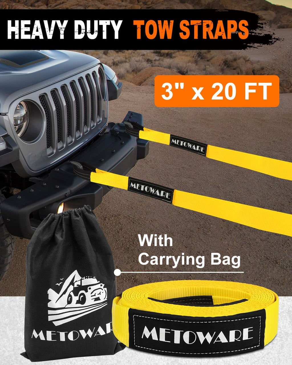 METOWARE Heavy Duty Tow Strap Recovery Kit - 3" x 20ft(35,000lbs) Tree Saver Winch Strap + 3/4" D Ring Shackles(2pcs) + Storage Bag - Truck, SUV, ATV Off Road Towing Strap Kit