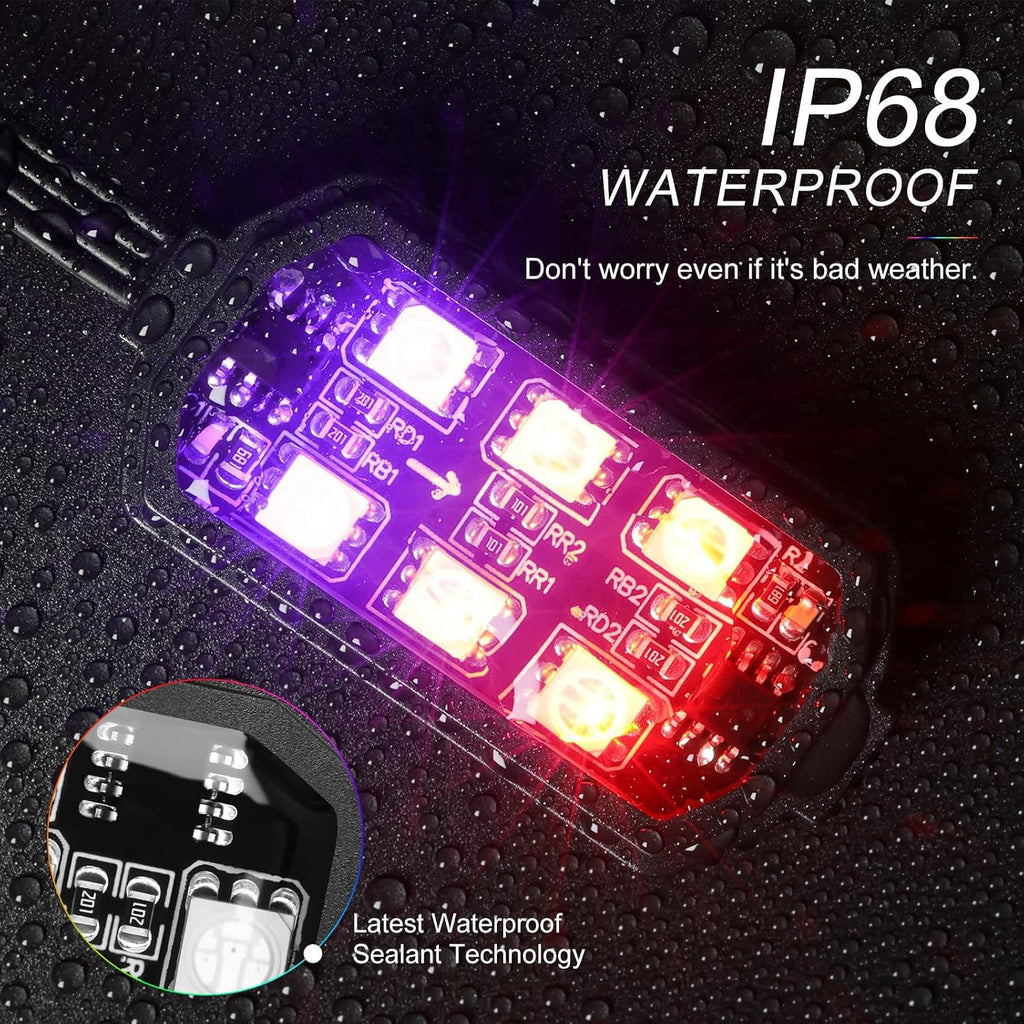 Motorcycle LED Underglow Kit, ICICAR 12 Pcs APP Control RGB Chasing Mode 16 Million Color Dual Remote Music Mode IP68 Waterproof Led Lights, Motorcycle Lights with Power Switch