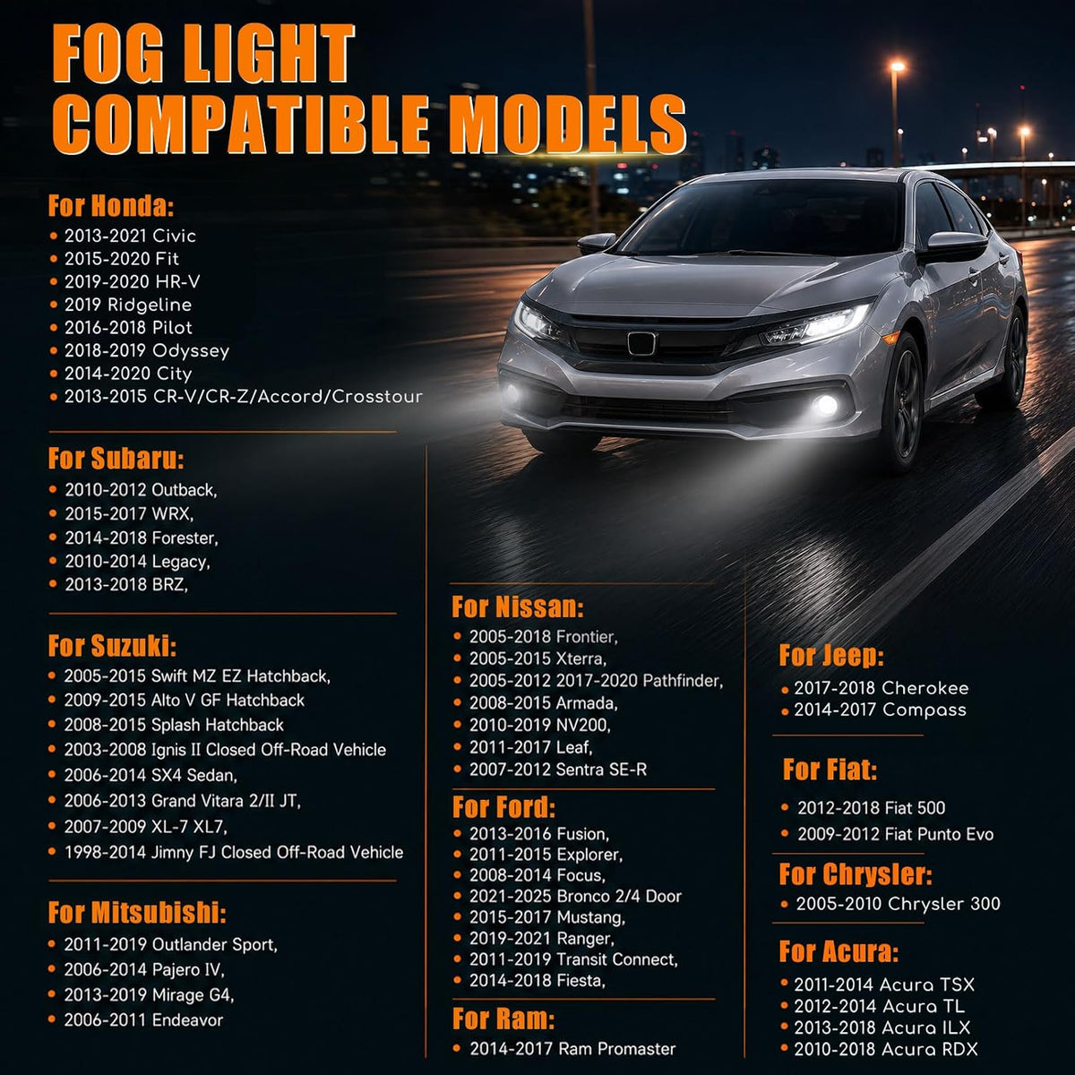 civic 3.5" led fog lights assembly, white amber showing dimensions