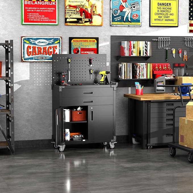 Tool Chest, Tool Cart with 2 Drawer and Lockable Doors, Garage Storage Cabinet - Image 6