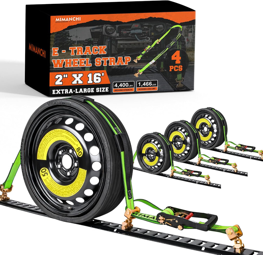 2" x 16' E Track Tire Straps with Fittings, 4 Pack, Car Tie Down Straps for Trailers, Over the Wheel Ratchet Strap with Rubber Blocks, Vehicle Auto Tie Down Kit for Hauling Oversize Tires