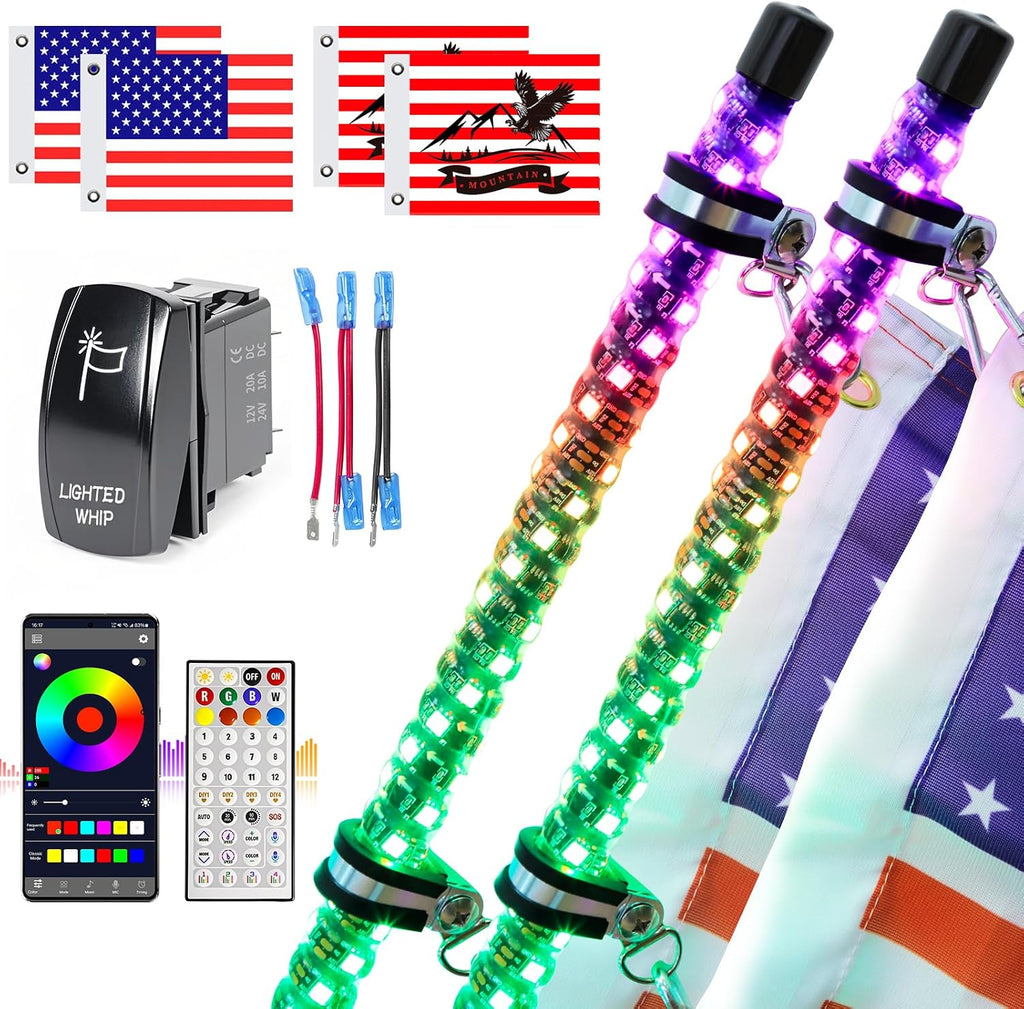 UNI-SHINE 2PCS 4FT LED Whip Lights with Spring Base Spiral RGB Chasing Lights with APP & Remote Control, Music Antenna Whip Light for Can-Am UTV ATV RZR Can-Am SXS Polaris Offroad