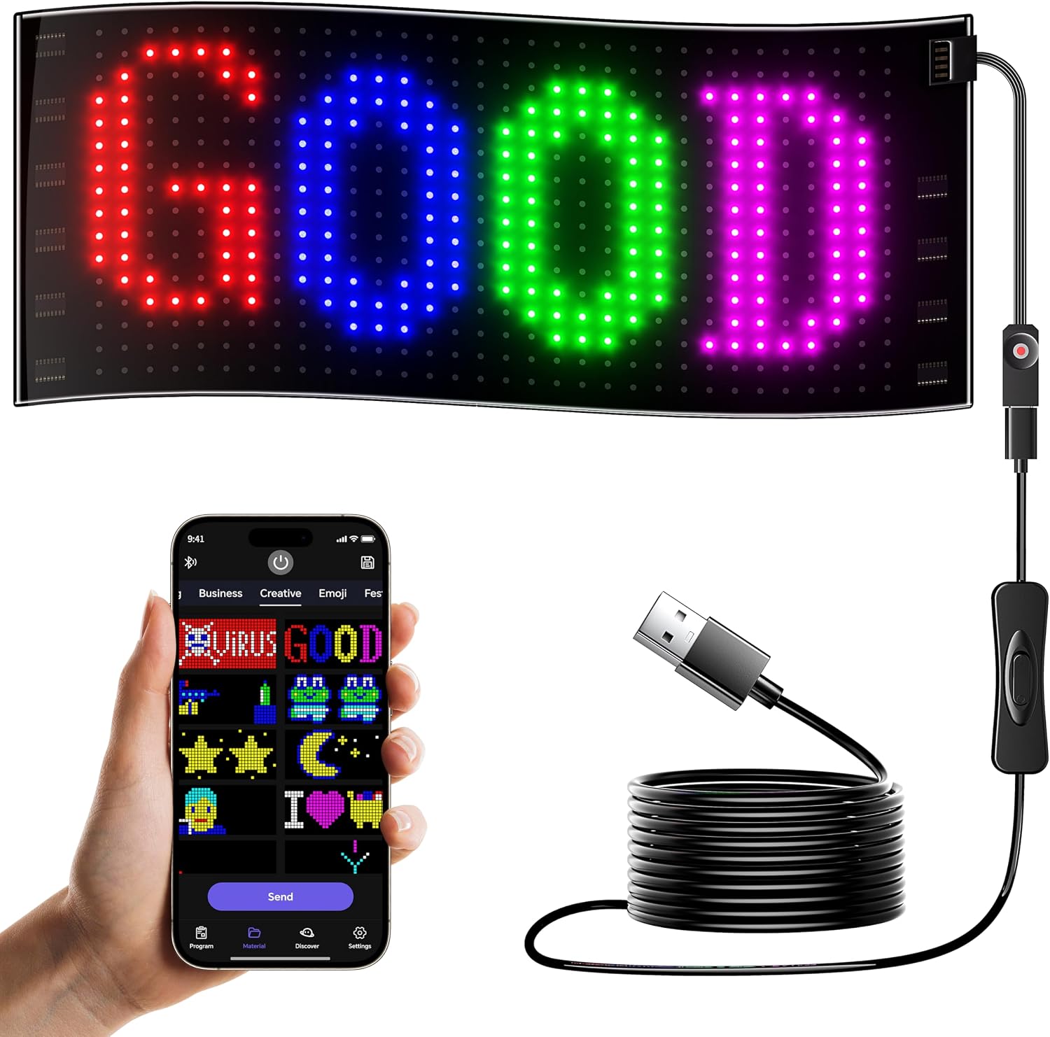 Front Windshield Light Signs for Car | Programmable LED Car Sign | Taxi Flexible LED Advertising Sign | Bluetooth APP | Custom Editor Animations/Text