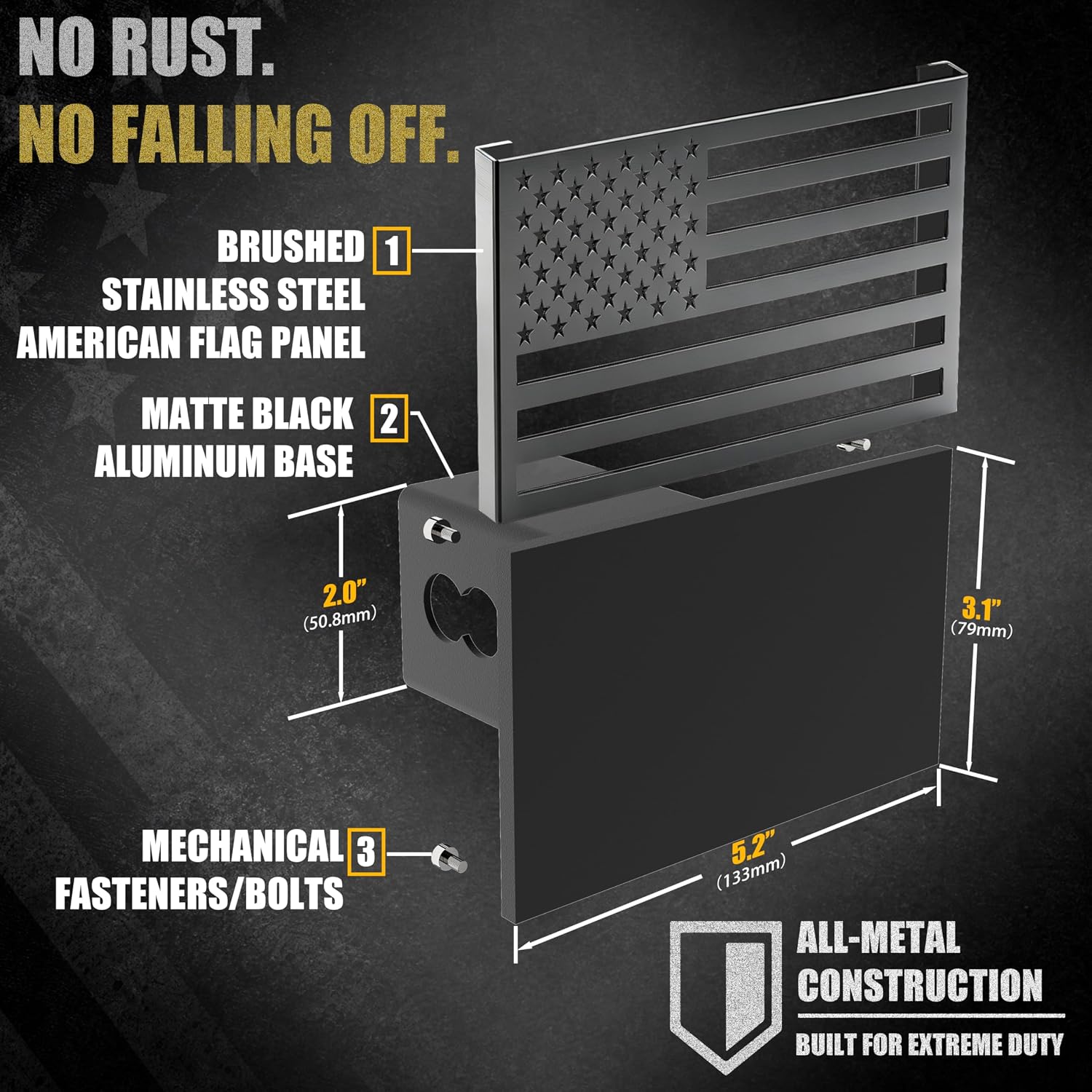 Synrroe Heavy Duty American Flag Trailer Hitch Cover, Black, 2 Inch | Coated Black Stainless Steel Flag, Aluminum Base, Mechanically Fastened, 5/8" Stainless Pin
