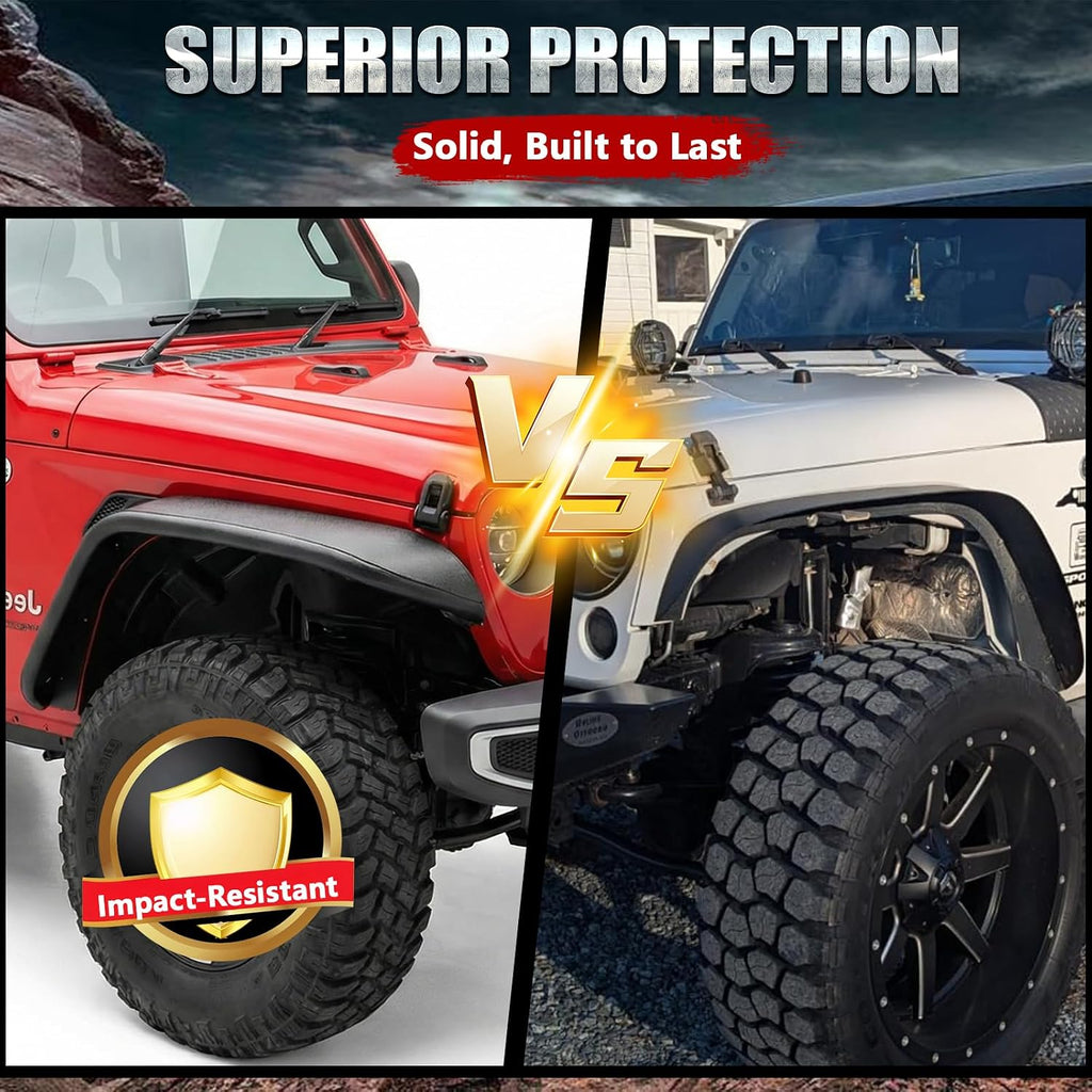 MODnGO Heavy Duty Steel Fender Flares for 2/4 Doors Jeep Wrangler 2007-2018 JK & JKU - On Bolt Quick Installation, Anti-Rust, Rock Guard in Off-Road Outdoor Adventures, 4 PCS Front & Rear Fenders