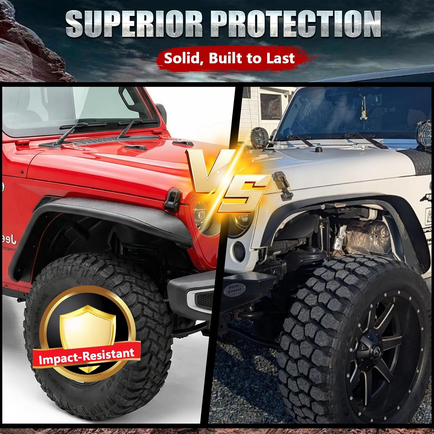 MODnGO Heavy Duty Steel Fender Flares for 2/4 Doors Jeep Wrangler 2007-2018 JK & JKU - On Bolt Quick Installation, Anti-Rust, Rock Guard in Off-Road Outdoor Adventures, 4 PCS Front & Rear Fenders