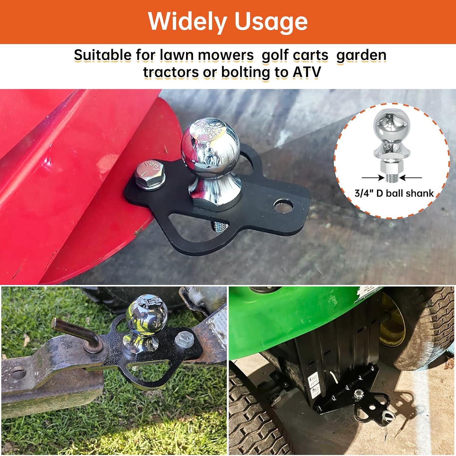 3-Way Trailer Hitch Adapter with Bolt for ATV Lawn Mower Golf Cart Yard Cart Garden Tractor Flat Towing Ball Mount
