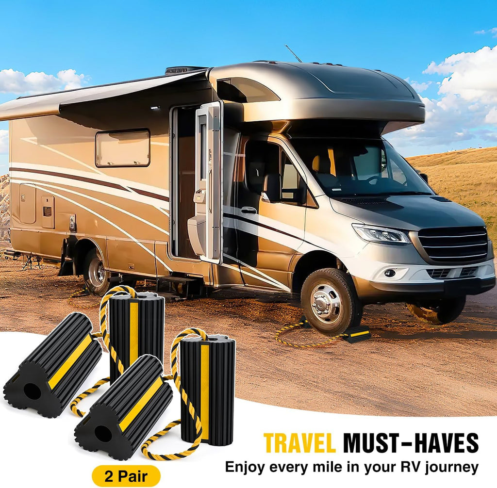Nilight Wheel Chocks RV Car Heavy Duty Rubber Tire Chock Blocks Stopper Yellow Reflective Strips Stabilizer 4 Pack with Rope for RVs Cars Travel Trailers Campers Trucks Motorcycle Accessories Parking
