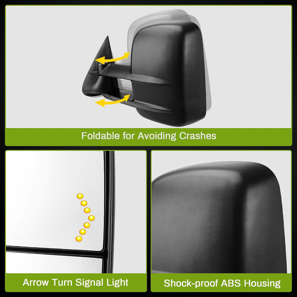 AUTOSAVER88 Tow Mirrors Compatible with 2007-2013 Chevy Silverado GMC Sierra, Power Heated Driver and Passenger Side Replacement Towing Mirror Set with Turn Signal and Dual Glass
