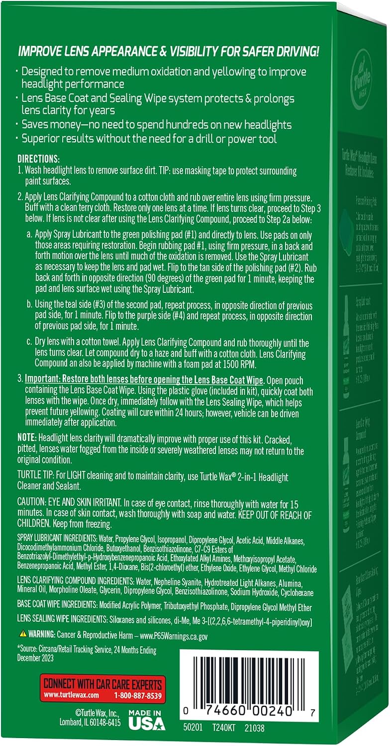 Turtle Wax Headlight Restoration Kit, Removes Oxidation and Yellowing, Restores to Like-New Condition, Increases Visibility and Brightness for Safer Driving, Easy Application