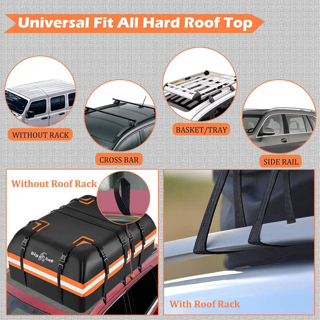 Big Ant Car Rooftop Cargo Carrier Bag, 15 Cubic Feet Waterproof Heavy Duty 840D Car Roof Bag for All Vehicle with/Without Rack - Includes Anti-Slip Mat, 8 Door Hooks, 2 Extra Straps, Luggage Lock