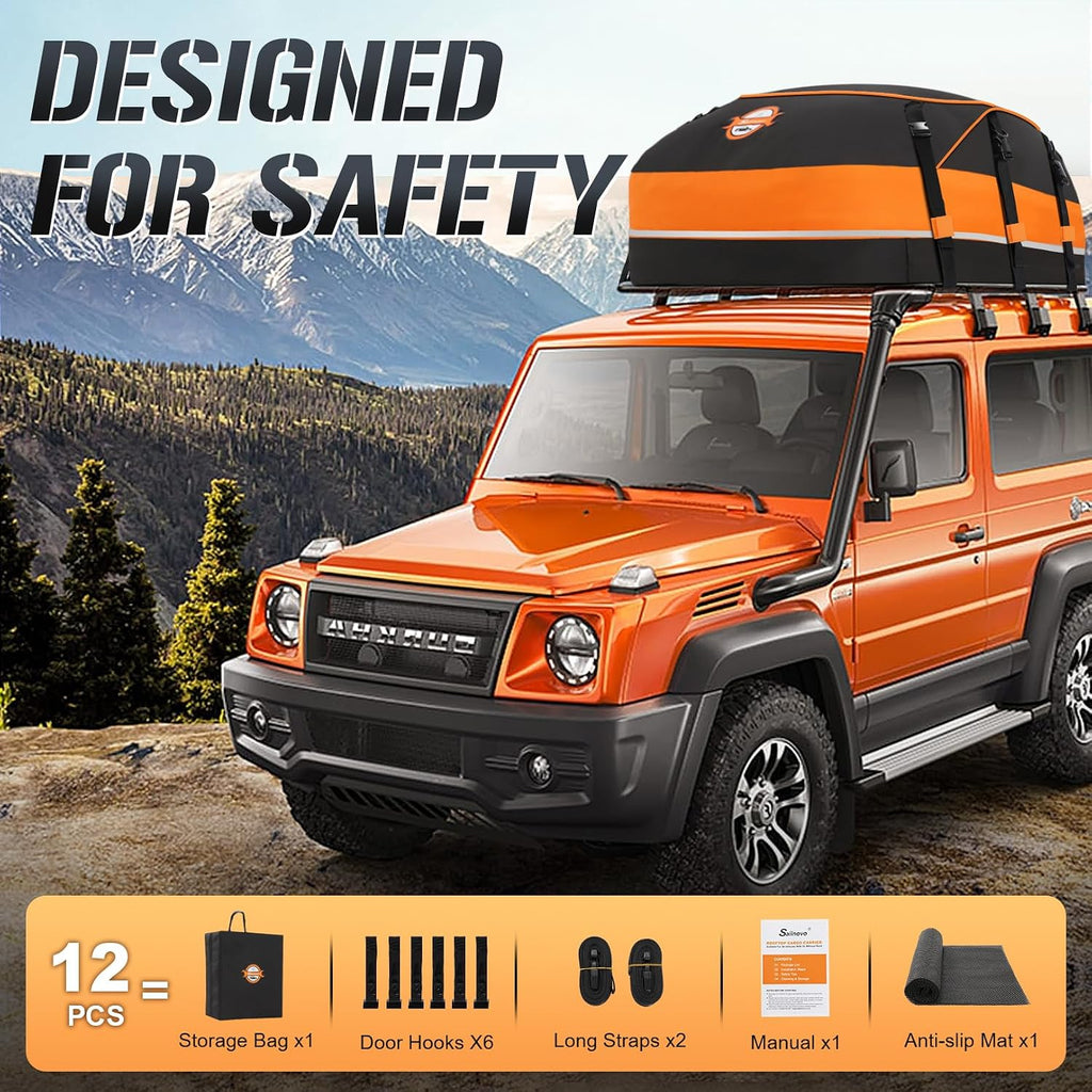 Sailnovo 20 Cubic Feet/580L Car Roof Bag, Waterproof Car Roof Storage Box | Heavy Duty Roof Boxes for Cars with Roof Bars or No Rack | With Reinforced Straps, Door Hooks & Storage Bag | Orange