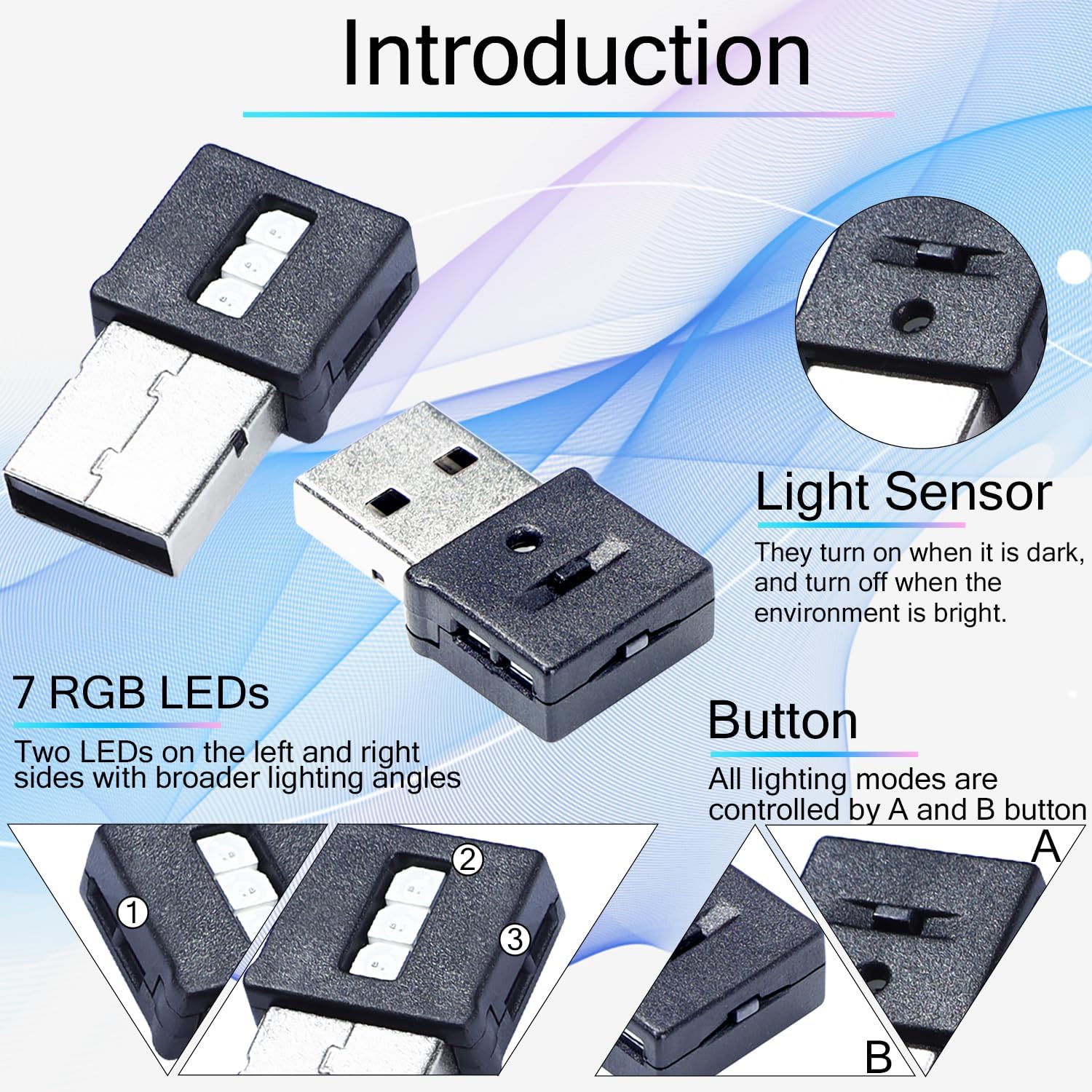 Three Sides Emit Light USB Type-A Car LED Ambient Light 7Leds RGB Atmosphere Lamp, Interior Dimmable Mood Lighting for Cars/SUV/Trucks