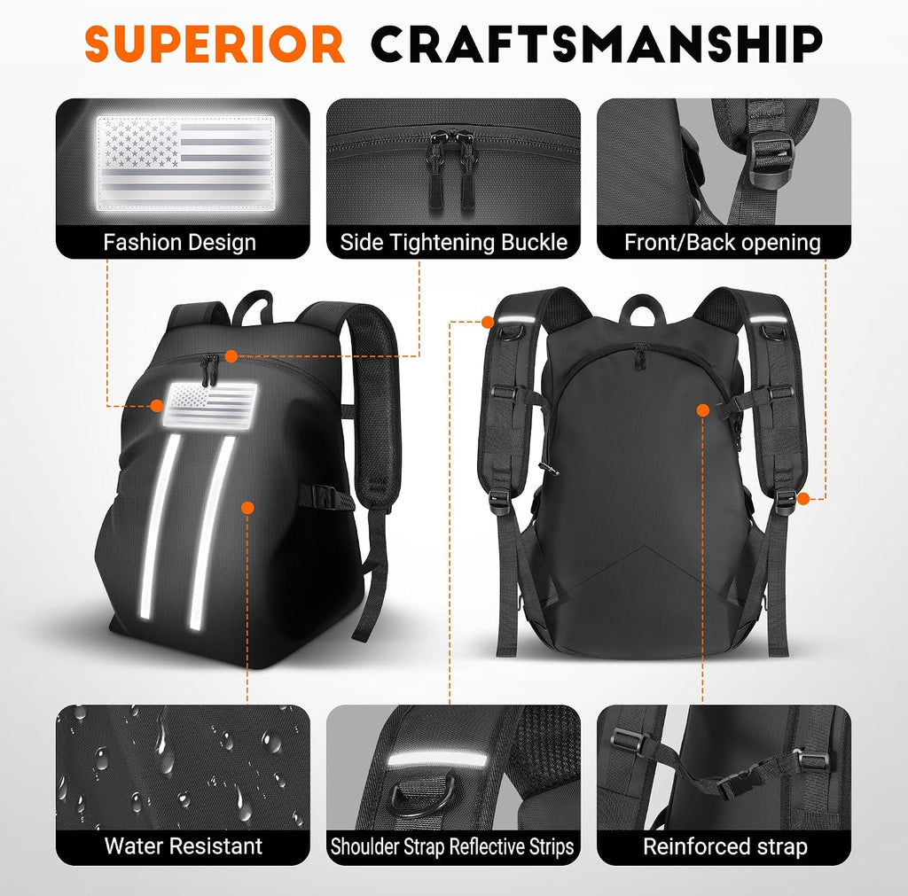 Motorcycle Backpack, Waterproof Helmet Backpack with Reflective Strips & Reflective Flag, 40L Large Bag with Laptop Pocket, Perfect for Travel, Daily Commute, Office Trips & Outdoor Riding