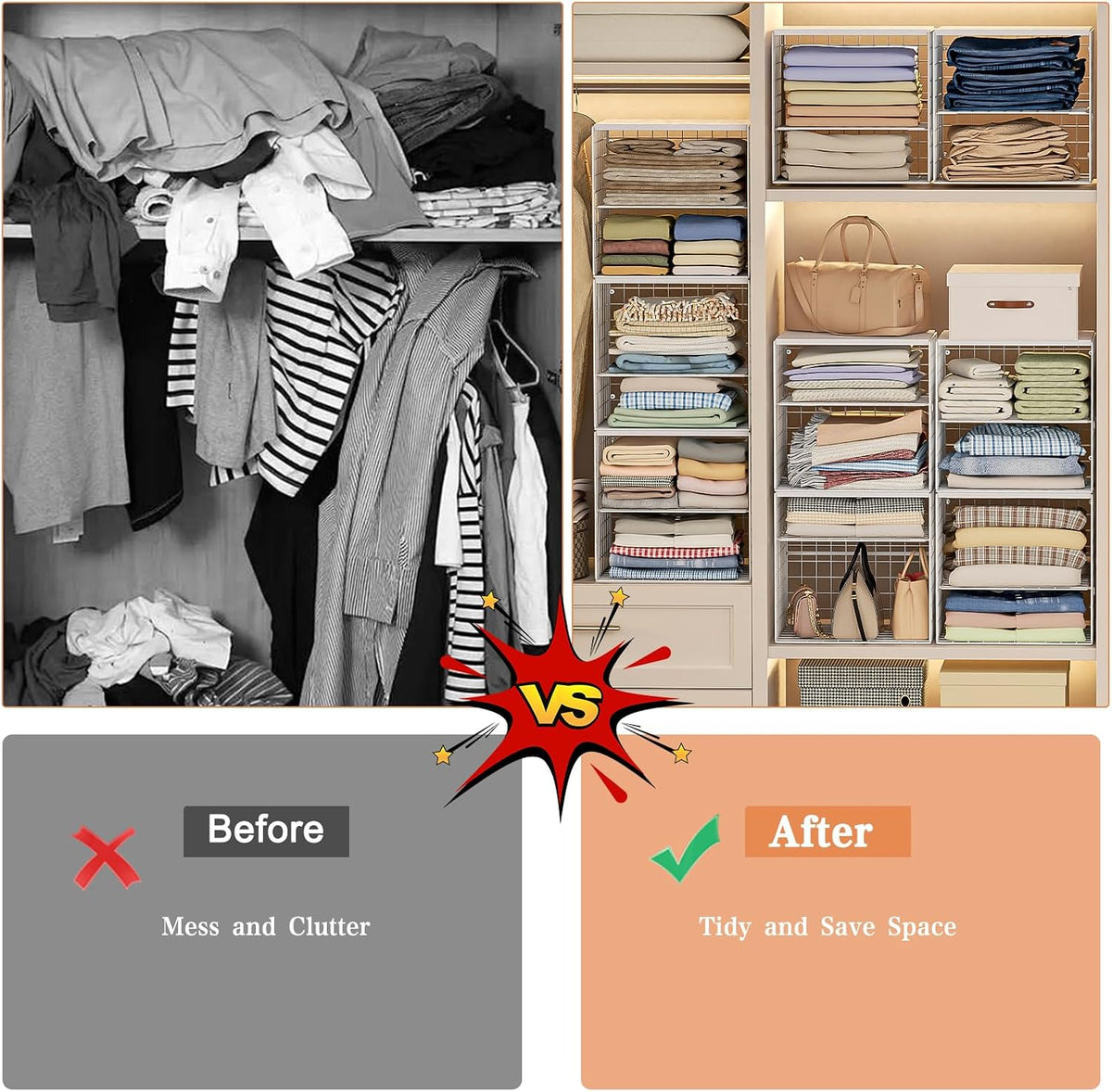 4-tier stackable closet organizers and storage shelves, closet, front angle view