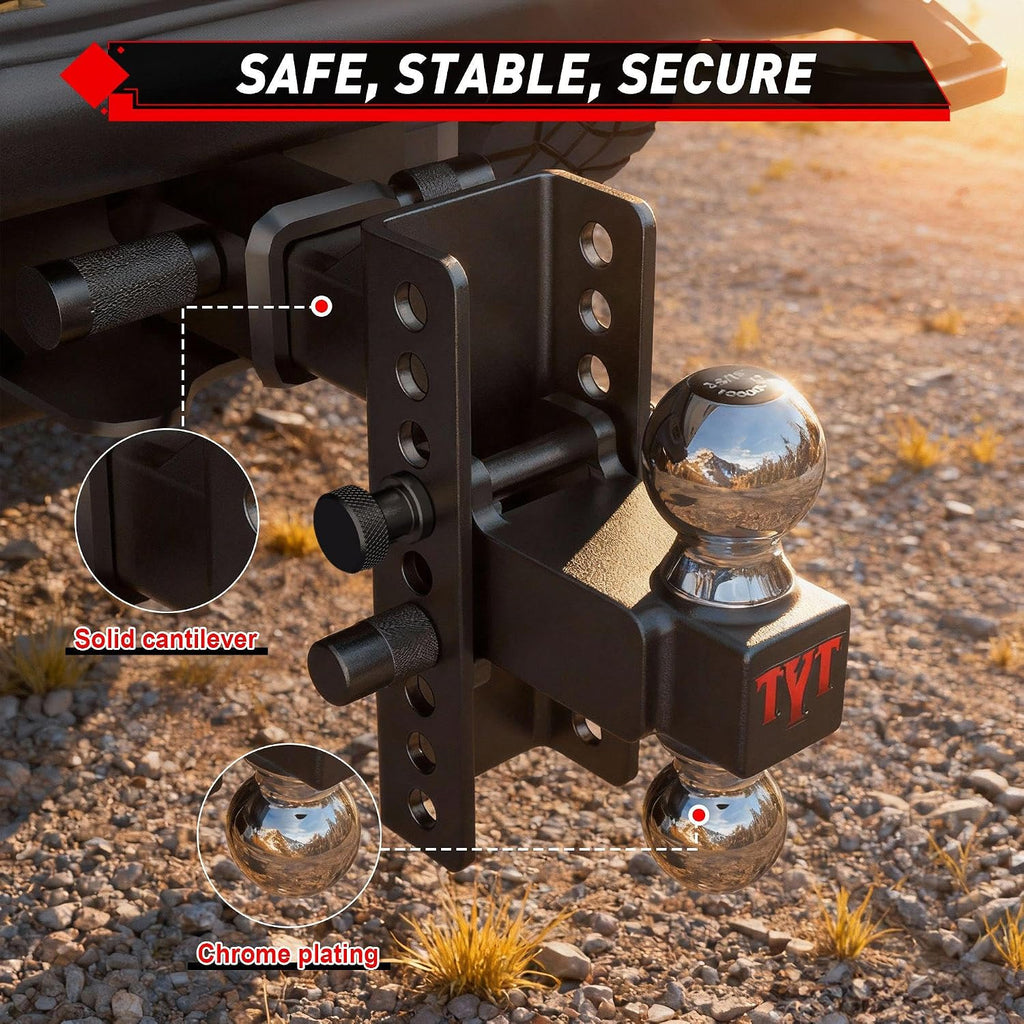 TYT Adjustable Truck Trailer Hitch for 2.5 inch Receiver, 6" Drop/Rise,2" & 2-5/16" Ball, Includes Two Pin Locks & Hitch Tightener