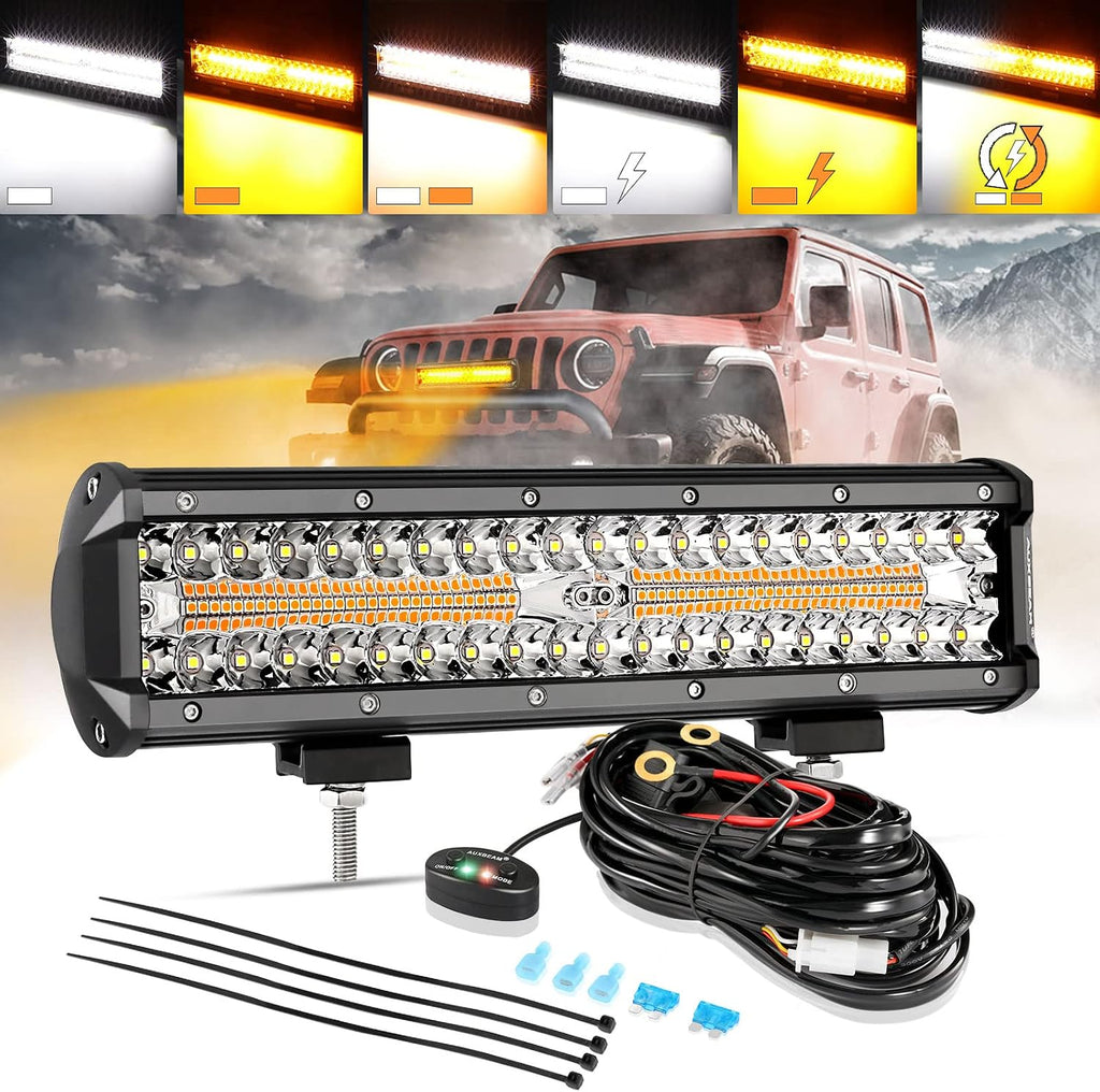 Auxbeam 12 Inch LED Light Bar, 6 Modes Strobe Amber Pod Lights Yellow Fog Light