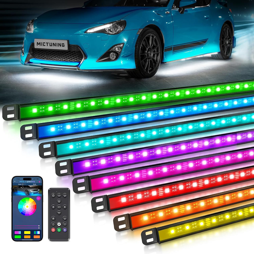 MICTUNING N8 Aluminum RGBW Car Underglow Light Kit with APP & Remote Control, Multi Mode Soundsync Neon Accent Light Bar, IP68 Waterproof,Multicolor Easter Gift