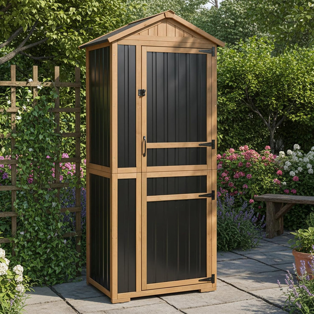 outdoor storage cabinet, wood & metal garden shed, main product view