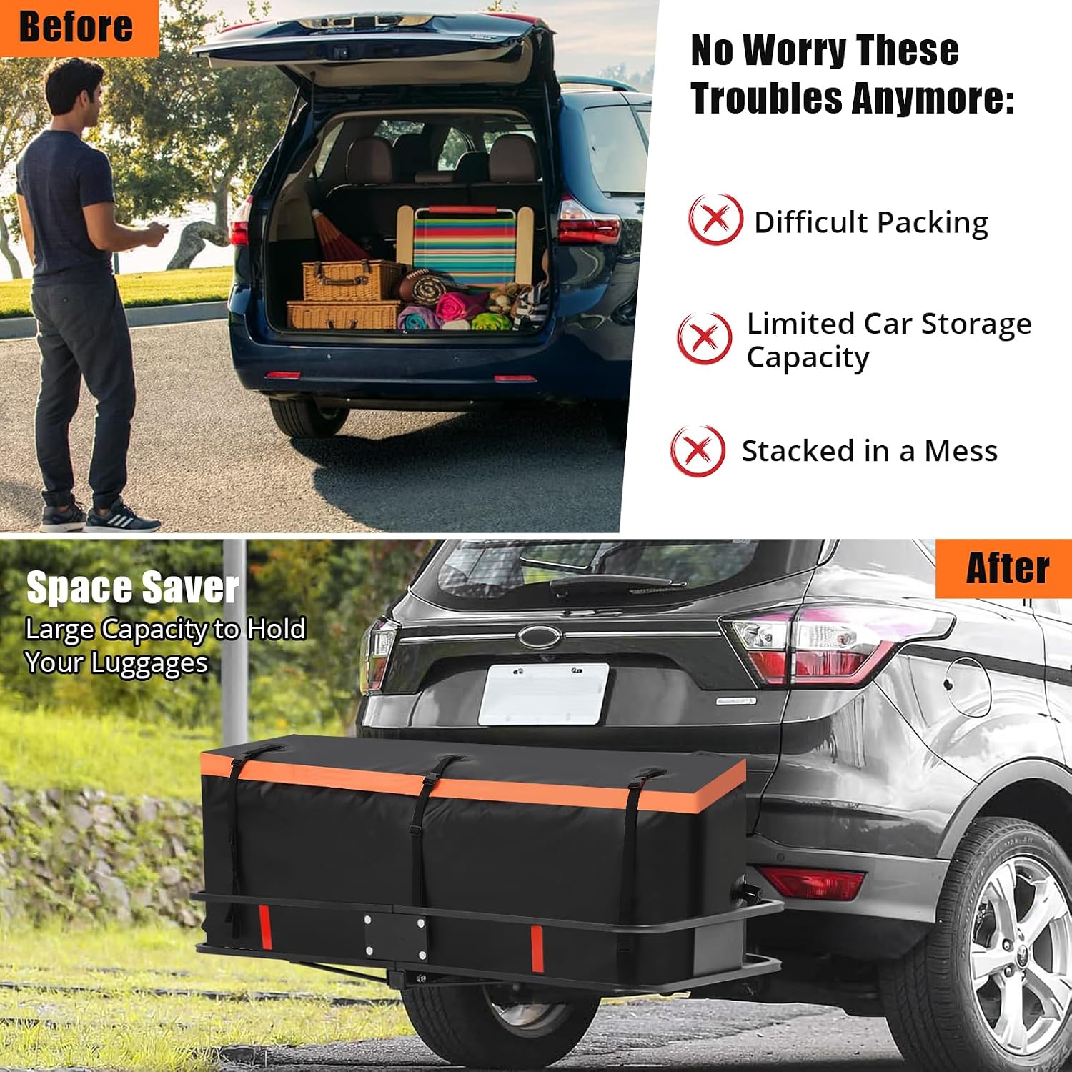 GarveeTech GarveeTech Hitch Cargo Carrier Bag 21 Cu Ft - Large Storage Space, Heavy Duty Waterproof Cargo Traveling Bag for Car Truck SUV ' Hitch Baskets, 6 Reinforced Straps