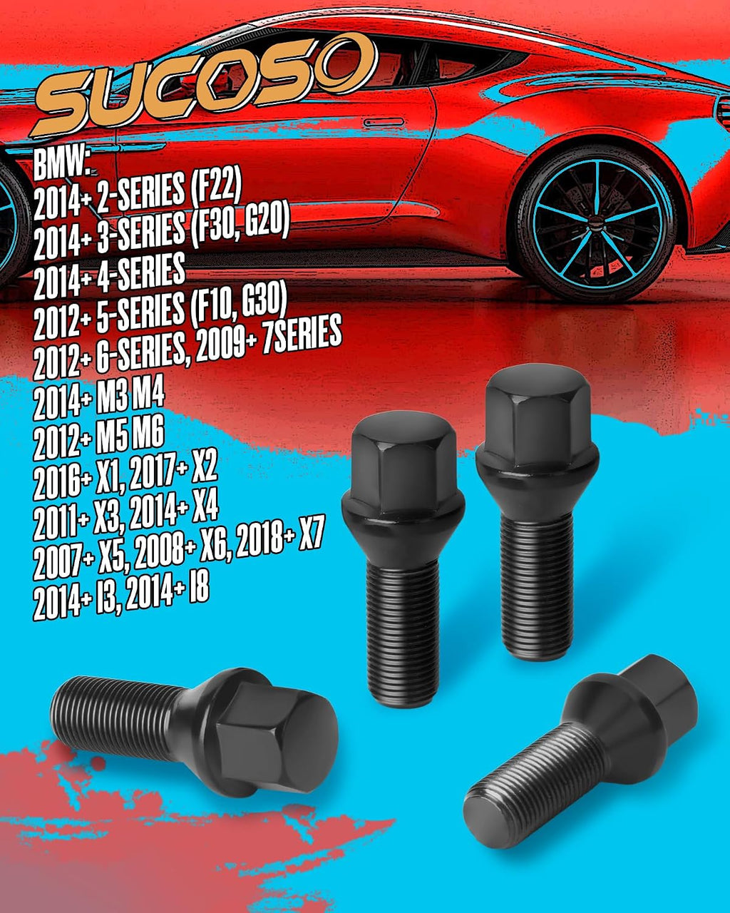 14x1.25 OEM Lug Bolts Fit for BMW 2-Series 3-Series 4-Series 5-Series 6-Series 7-Series X1 X2 X3 X4 X5 X6 M3 M4 M5 M6 i3 i8, M14x1.25 Lug Bolts Black 20PC 28mm Shank Length Conical Seat