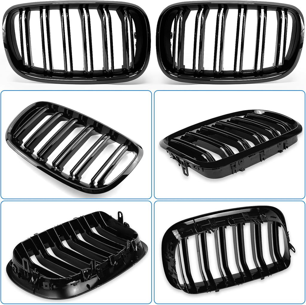 X5 E70 Black Front Kidney Grill Fit for 2007-2014 BMW X5 E70 X6 E71 | Gloss Black-Double Slats, 2pcs