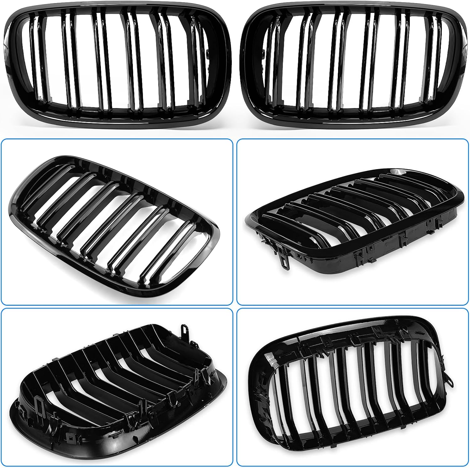 X5 E70 Black Front Kidney Grill Fit for 2007-2014 BMW X5 E70 X6 E71 | Gloss Black-Double Slats, 2pcs