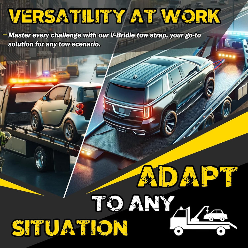 V-Bridle Tow Strap(Red&Blue) 2" x 4' with Snap Hooks, Cordura Sleeve, and Axle Straps, D-Ring for Enhanced Stability, Recovery Strap 5500lbs Load for Car Towing, Rollback, Flatbed, Tow Truck