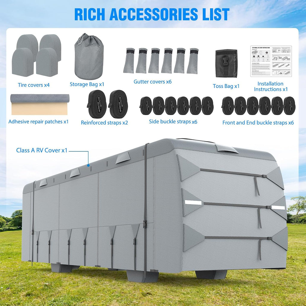 Mofeez Class A RV Cover, Heavy Duty Camper Cover 31-34ft, Extra-Thick 7 Layer Windproof Anti-UV Rip-Stop Class A Motorhome Cover with 2Pcs Extra Straps, 6 Gutter Covers & 4 Tire Covers