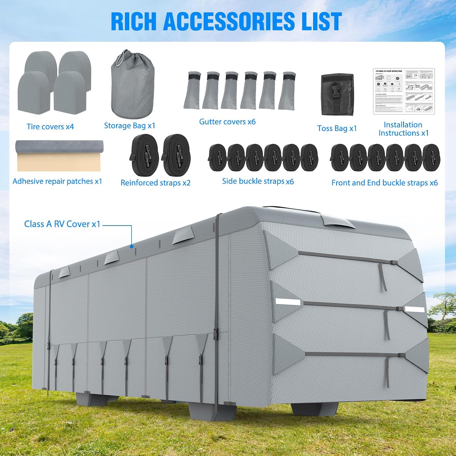 Mofeez Class A RV Cover, Heavy Duty Camper Cover 31-34ft, Extra-Thick 7 Layer Windproof Anti-UV Rip-Stop Class A Motorhome Cover with 2Pcs Extra Straps, 6 Gutter Covers & 4 Tire Covers