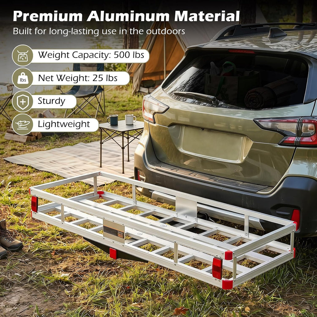 Goplus Hitch Cargo Carrier, Aluminum Hitch Mount Cargo Basket with 500LBS Capacity, Fits 2” Receiver, 60” x 22” x 7” Trailer Hitch Cargo Carrier for Vehicle Car SUV Truck