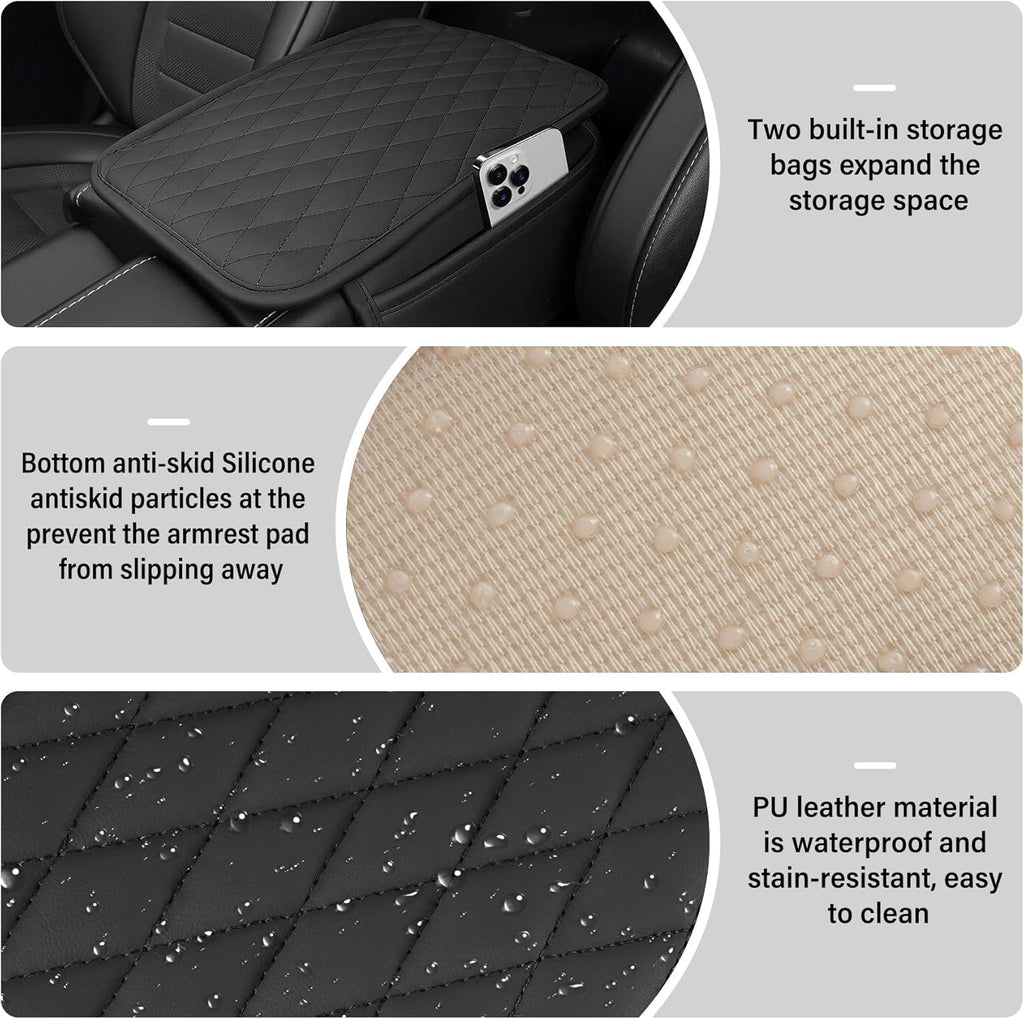 Amiss Car Center Console Cover, Upgraded Leather Car Armrest Cushion with 2 Storage Pockets, Universal Waterproof Cushion Pad, Non-Slip Car Interior Accessories, Fits Most Sedans SUVs Trucks (Black)