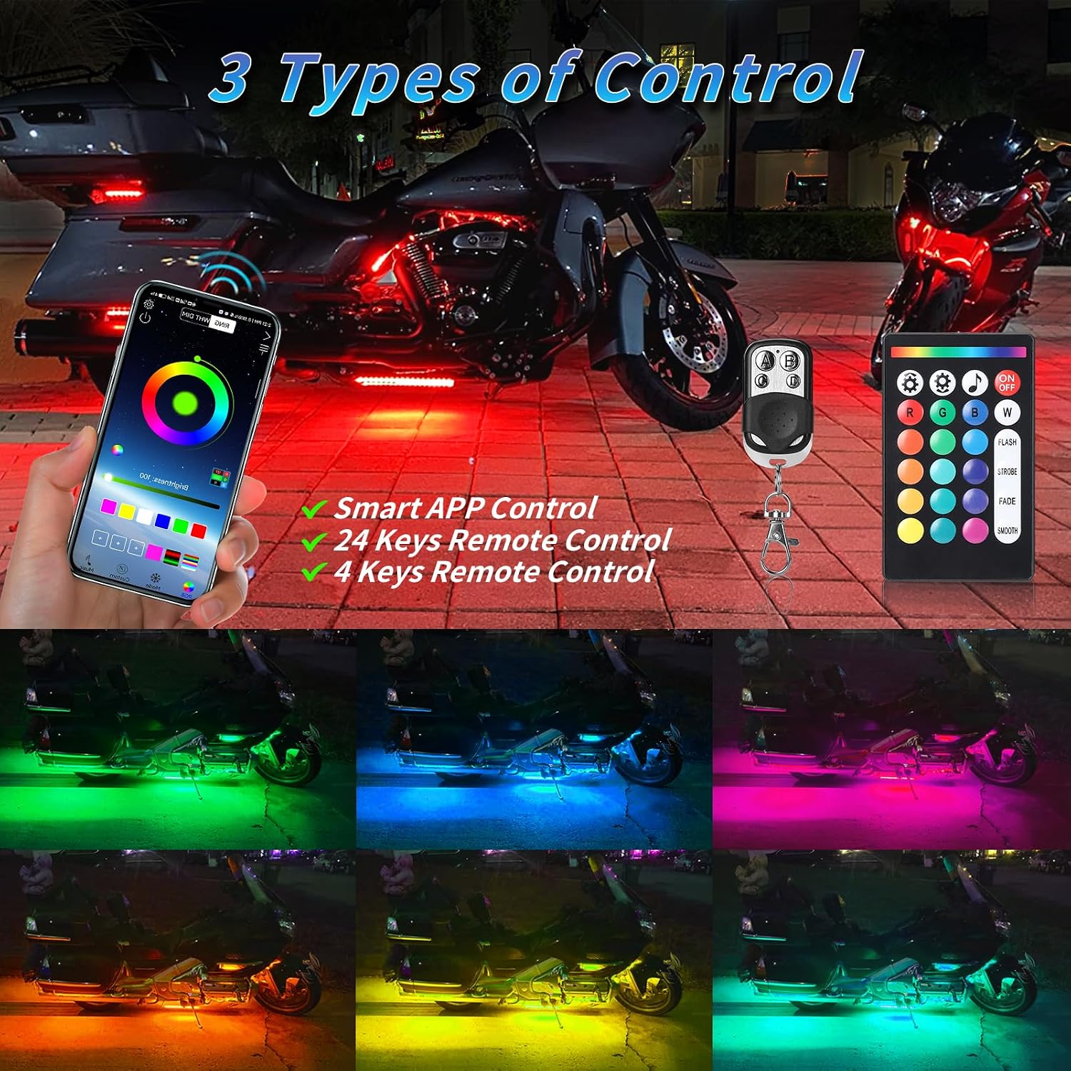 8PCS Motorcycle RGB LED Light Kits with Brake Turn Signal, Underglow Lights with APP/Dual Remote, Multicolor 12v Waterproof Underbody Neon Strips Lights for Harley Honda Kawasaki Yamaha Suzuki