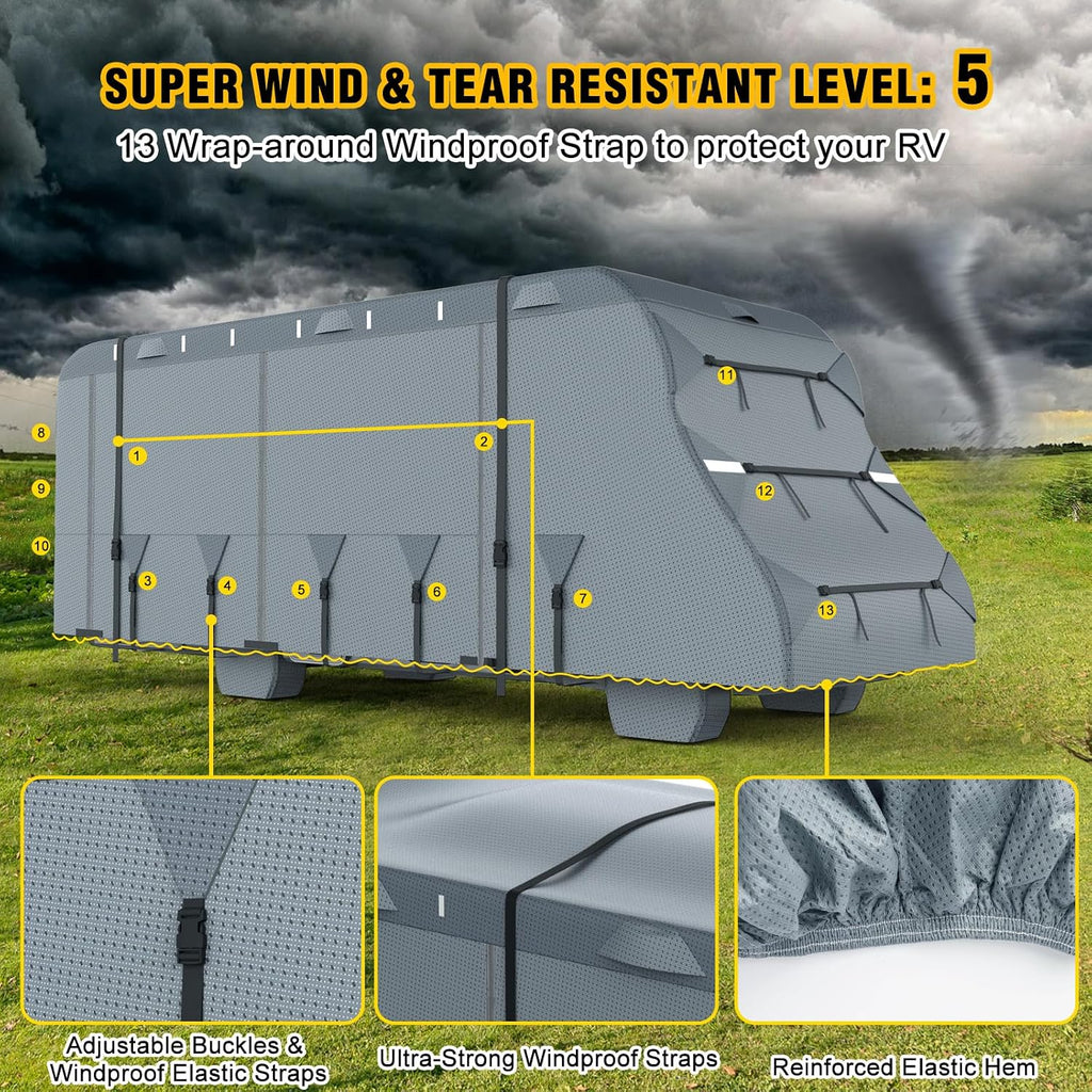 Class C RV Cover, 23'-26' Camper Cover, Upgraded 8-Layer UV Protected RV Cover, Wind and Water Resistant with Extra Harness, Tire Cover and Gutter Cover