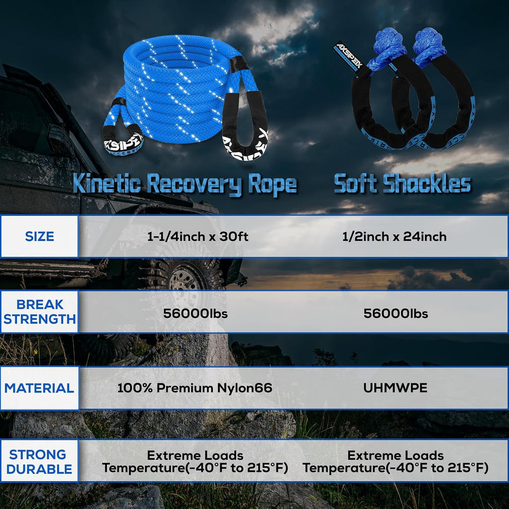 Kinetic Recovery Rope Kit (Reflective), 1.25in x 30ft 56,000Lbs, 35% High Elasticity, w/ 2 Soft Shackles, 18,666Lbs Work Load Limit for 4x4 Offroad Vehicle