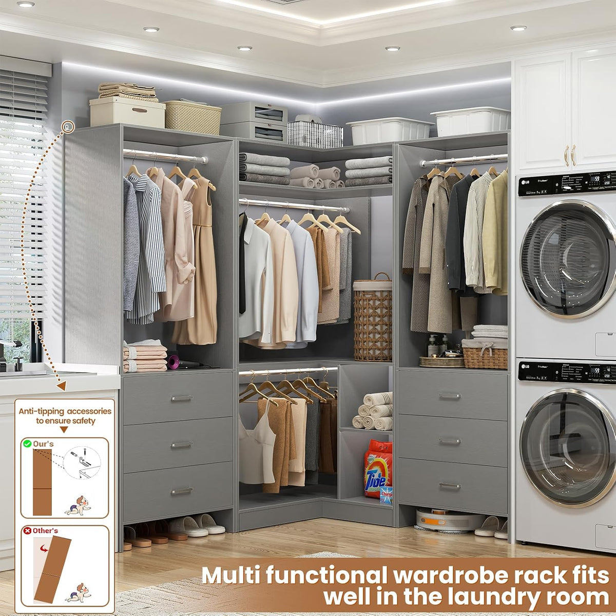 aheaplus closet system with 6 drawers, 4 hanging, side view