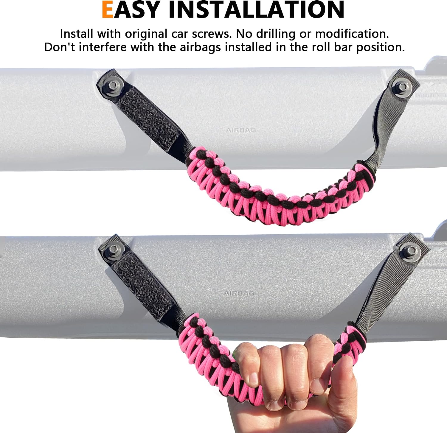 Roll Bar Grab Handles for 2021 2022 2023 2024 2025 2026 Ford Bronco 2 Door 4 Door Accessories Paracord Grip Handle, No Embroidery, 2 Pack Pink