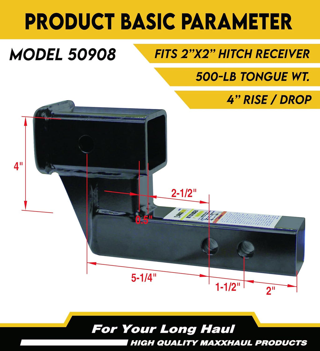 MaxxHaul Trailer Hitch Riser for 2" Receivers, 4" Rise or Drop Solid‑Steel Shank with Dual Pin Holes, 500 lb Tongue Weight, Powder‑Coated Finish, Includes Two Hitch Pins, 11.4" x 6.7" x 3" (50908)
