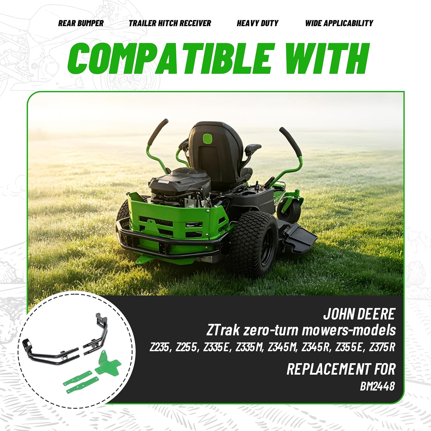 WUTIST Rear Bumper Trailer Hitch Kit Compatible with John Deere Zero-Turn Mowers Z235 Z255 Z335E Z335M Z345M Z345R Z355E Z355R Z365R Z375R Steel Black+Green
