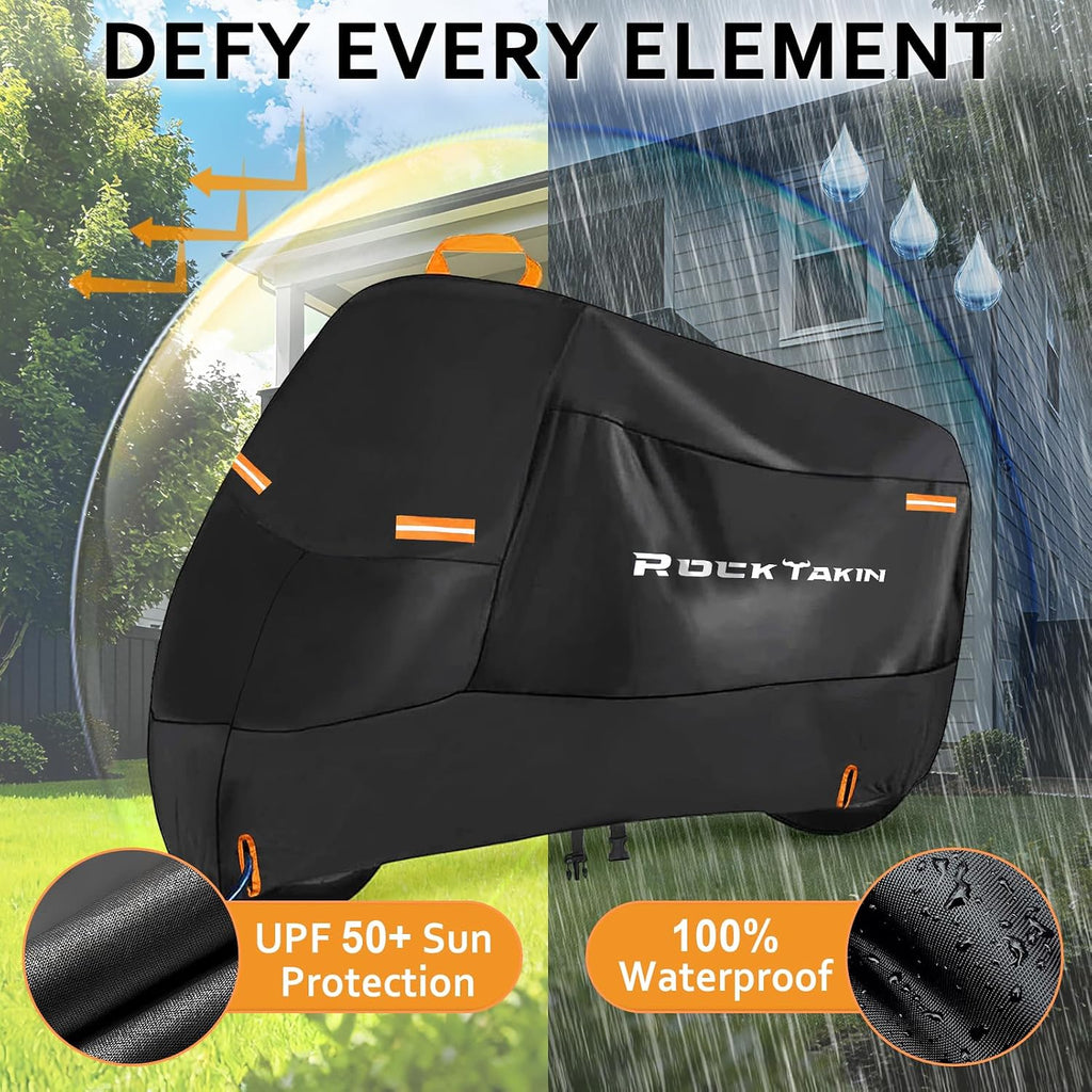 ROCKTAKIN 300D Heavy Duty Motorcycle Cover, Waterproof All Season Outdoor Protection with 4 Reflective Strips & Lock Holes, Fits Most Cruisers, Touring Bikes and Scooters up to 96.5"