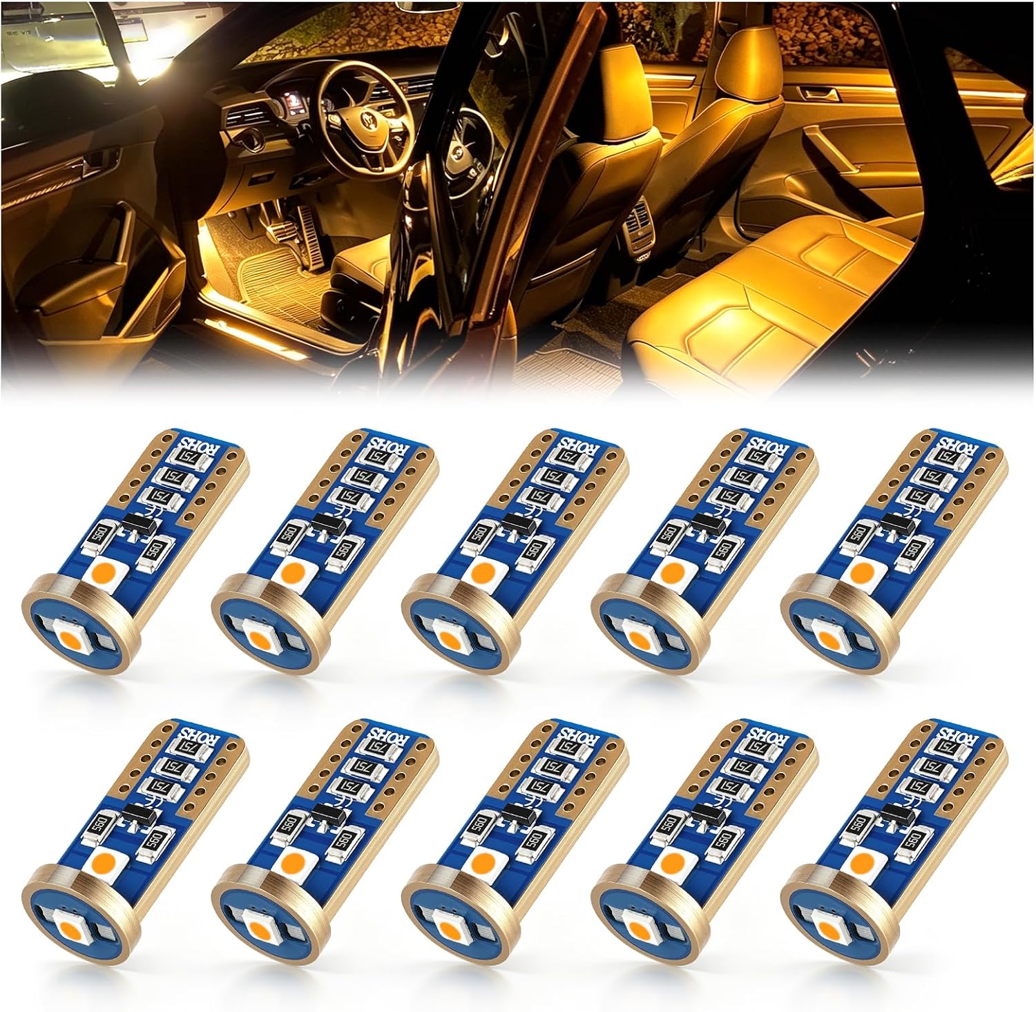 iBrightstar Extremely Bright Wedge T10 168 194 LED Bulbs for Car Interior Dome Map Door Courtesy License Plate Lights, Amber
