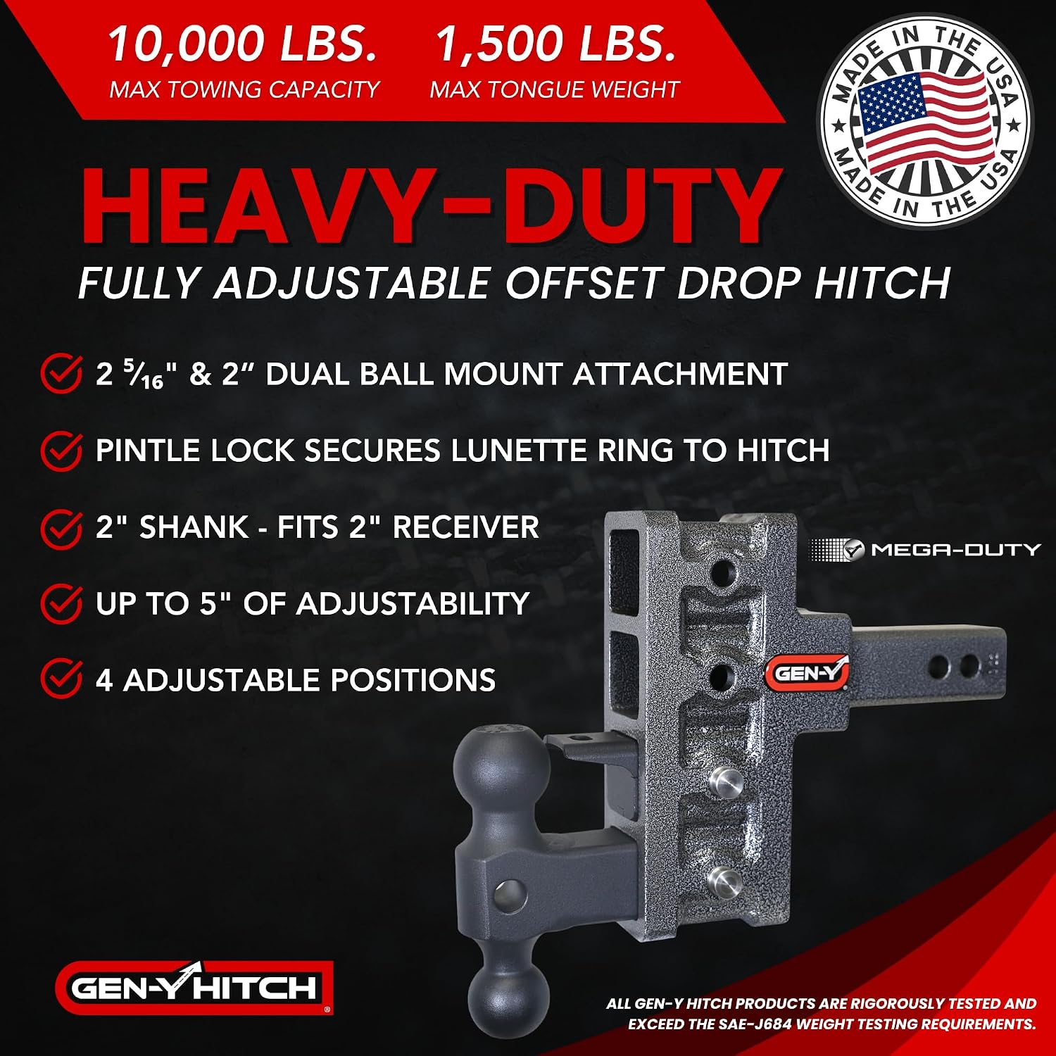 GEN-Y Hitch Offset Tow Hitch for 2" Receiver - 2.5" Rise/5" Drop with 4 Adjustable Positions, Includes Dual Ball Mount, Pintle Lock and Pins, 10,000 lbs Towing Capacity, 1,500 lbs Tongue Weight