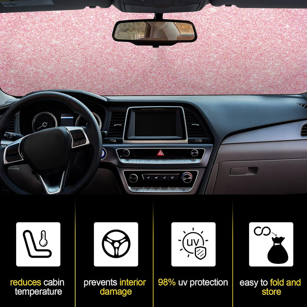 Windshield Sun Shade Foldable Car Front Window Covers for Car Accessories Sun Heat UV Rays Visor Protector Protection for Universal Cars SUV Truck(Pink Sequins)